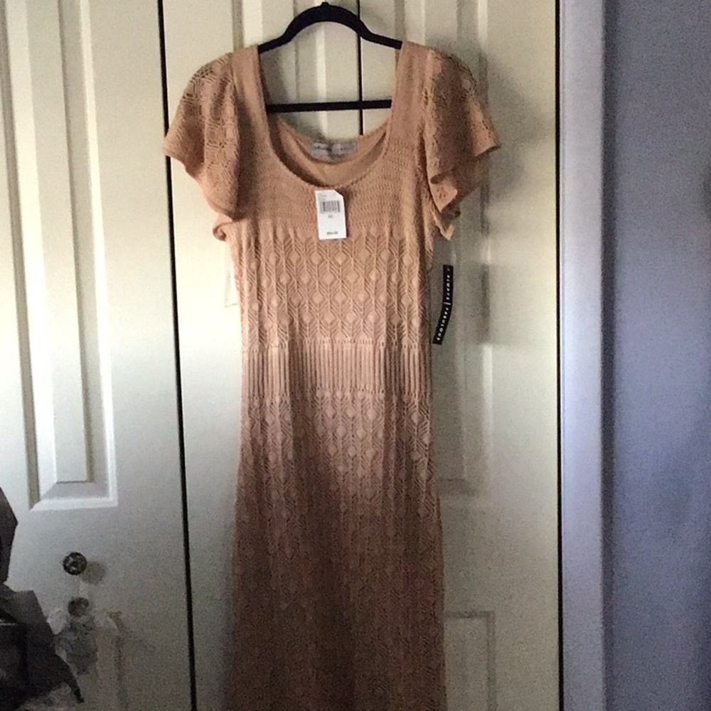 NWT Elegant Beige Woven Flutter Sleeve Maxi Pointelle Dress Size XL